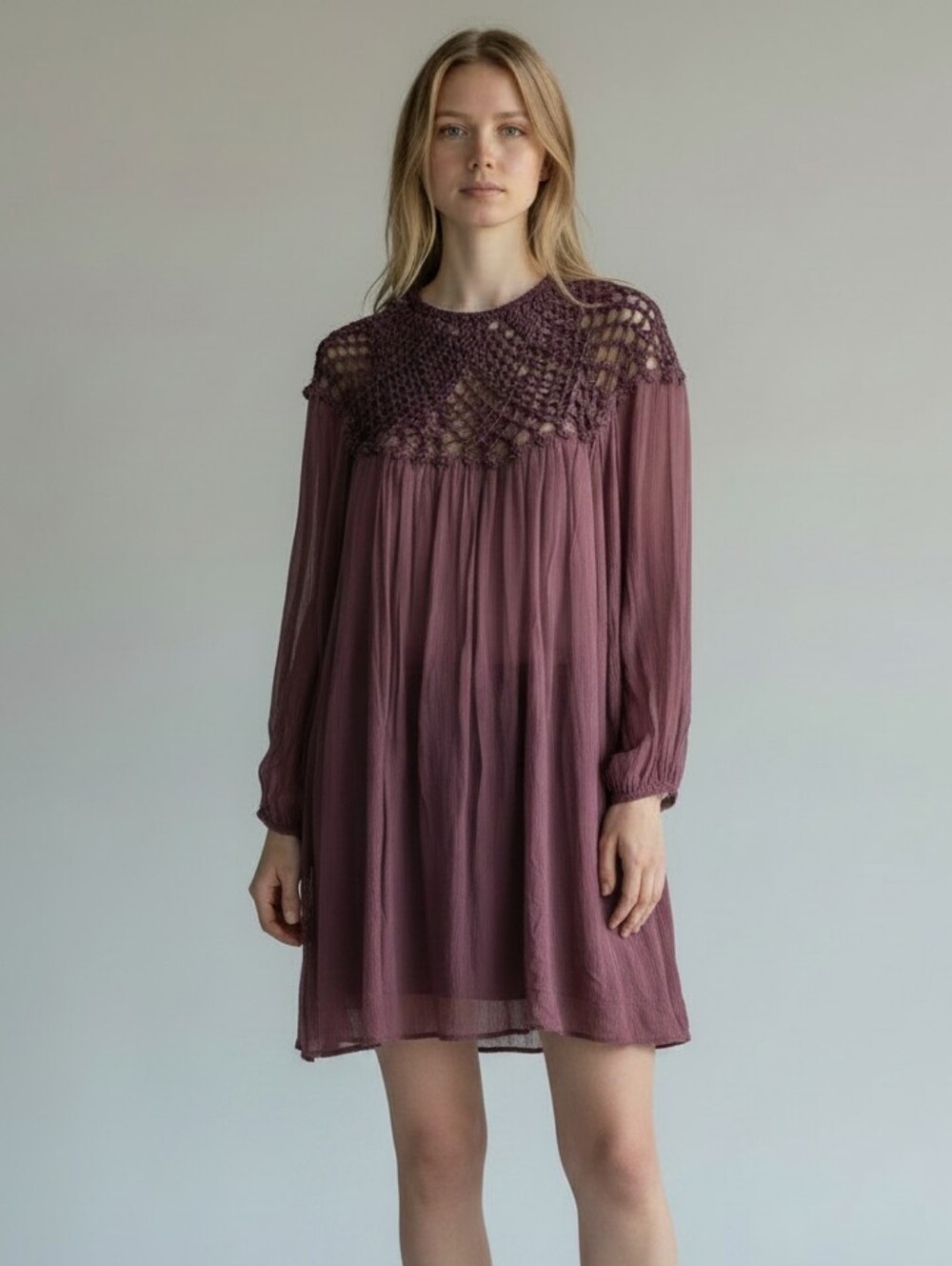 Free People Women's Crochet Yoke Long Sleeve Mini Dress With Button Accents